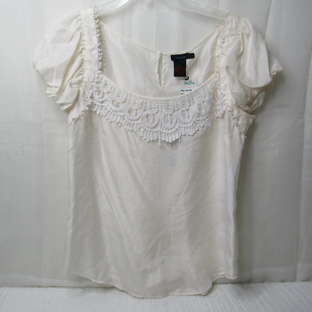 DStudio White Silk Square Neck Crochet Lace Puff Sleeve Cottagecore Blouse Large